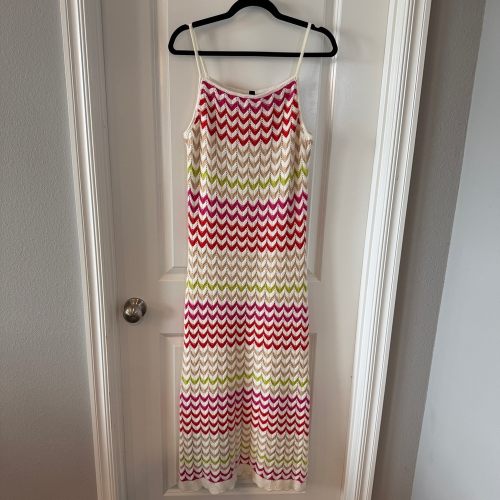 Rachel Zoe Crochet Knit Midi/Maxi Dress Stripes‎ Cream Red Green Boho Medium